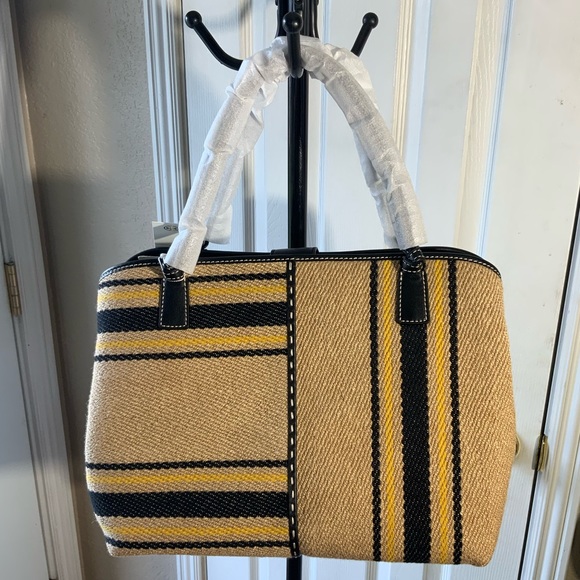 BRAND NEW | Tory Burch Mcgraw Linen Stripe Oversized Satchel - Picture 2 of 3